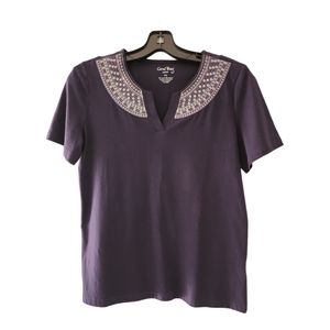 Short Sleeve Top Petite Size PS Blue Split Neckline Coral Bay